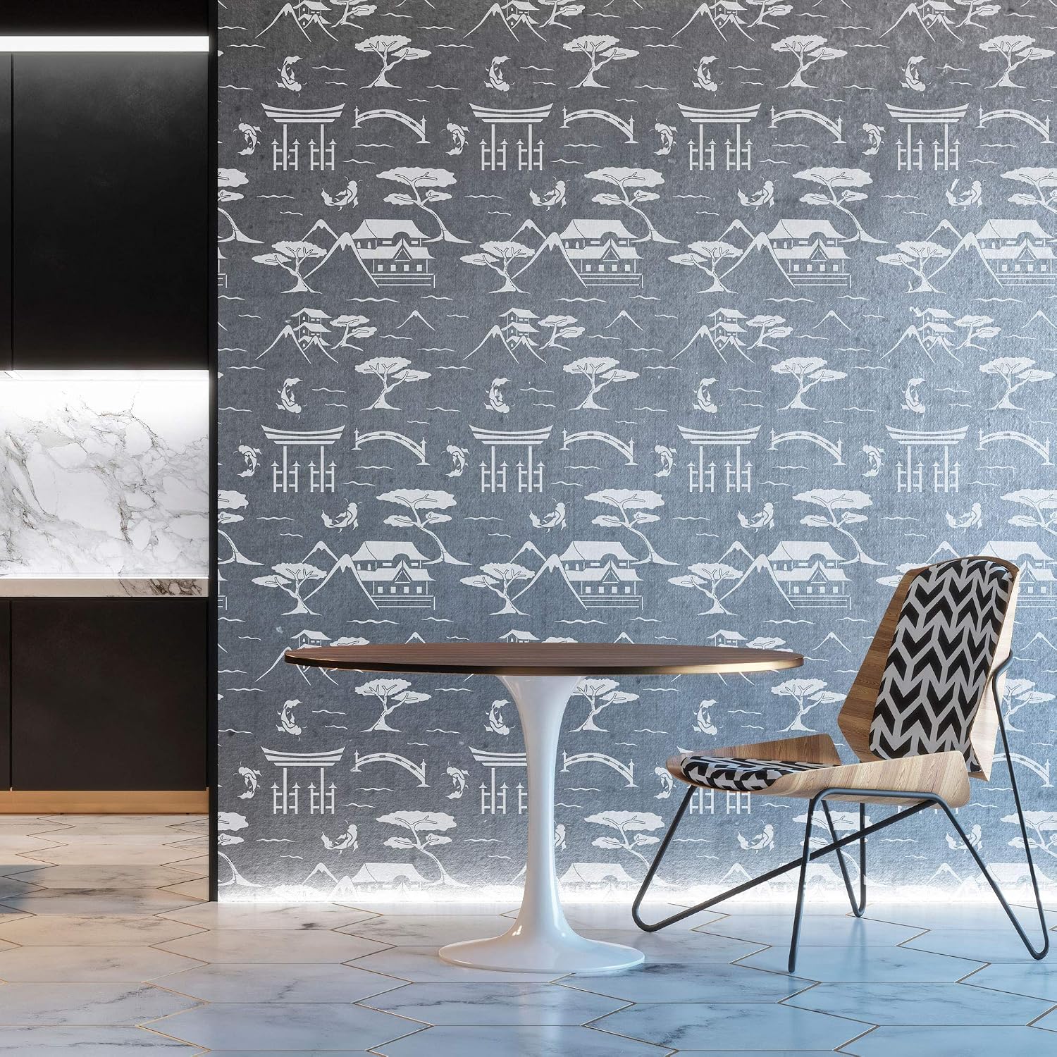 NAKLEO Wall Painting Stencil Large Size, 23,2”x37,4” Japanese Landscape Oriental Mountain Reusable Plastic Template, Geometric Pattern Wallpaper, DIY Home Decor Craft Wood Floor Furniture