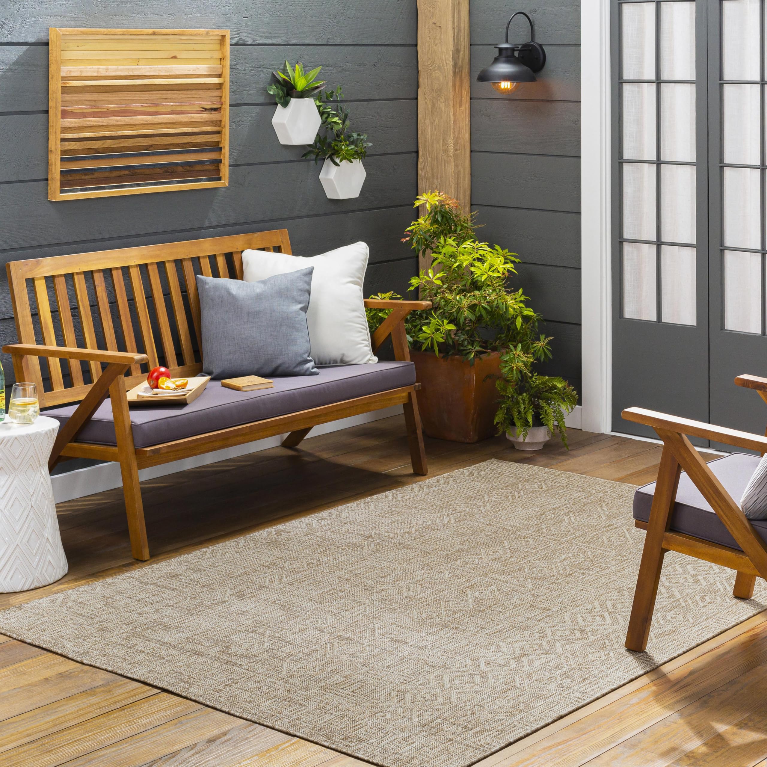 Livabliss Sweta Ontur Geometric Indoor Outdoor Carpet 160x230 cm – Patio, Garden, Decking Use, Boho Patterned Design, UV & Weather Resistant, Stain Durable, Brown & Beige