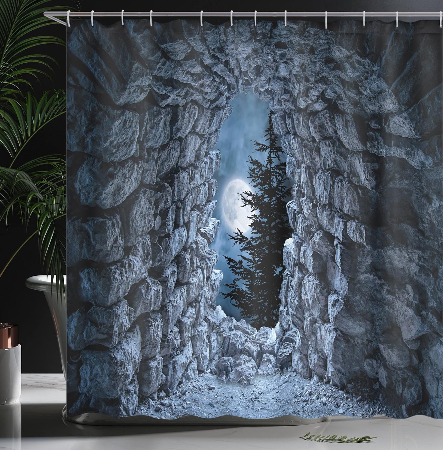 Ambesonne Gothic Shower Curtain, Dark Cave with The Full Moon at Night Scary Horror Medieval Gothic Artwork Print, Cloth Fabric Bathroom Decor Set with Hooks, 69" W x 70" L, Grey Blue