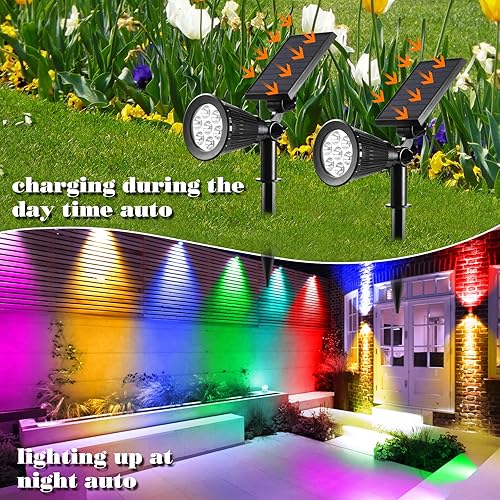 Miniatura 5 de Foco solar para exteriores, 7 luces LED que cambian de color 2 en 1, foco solar de paisaje, impermeable, luces de pared de seguridad para patio,
