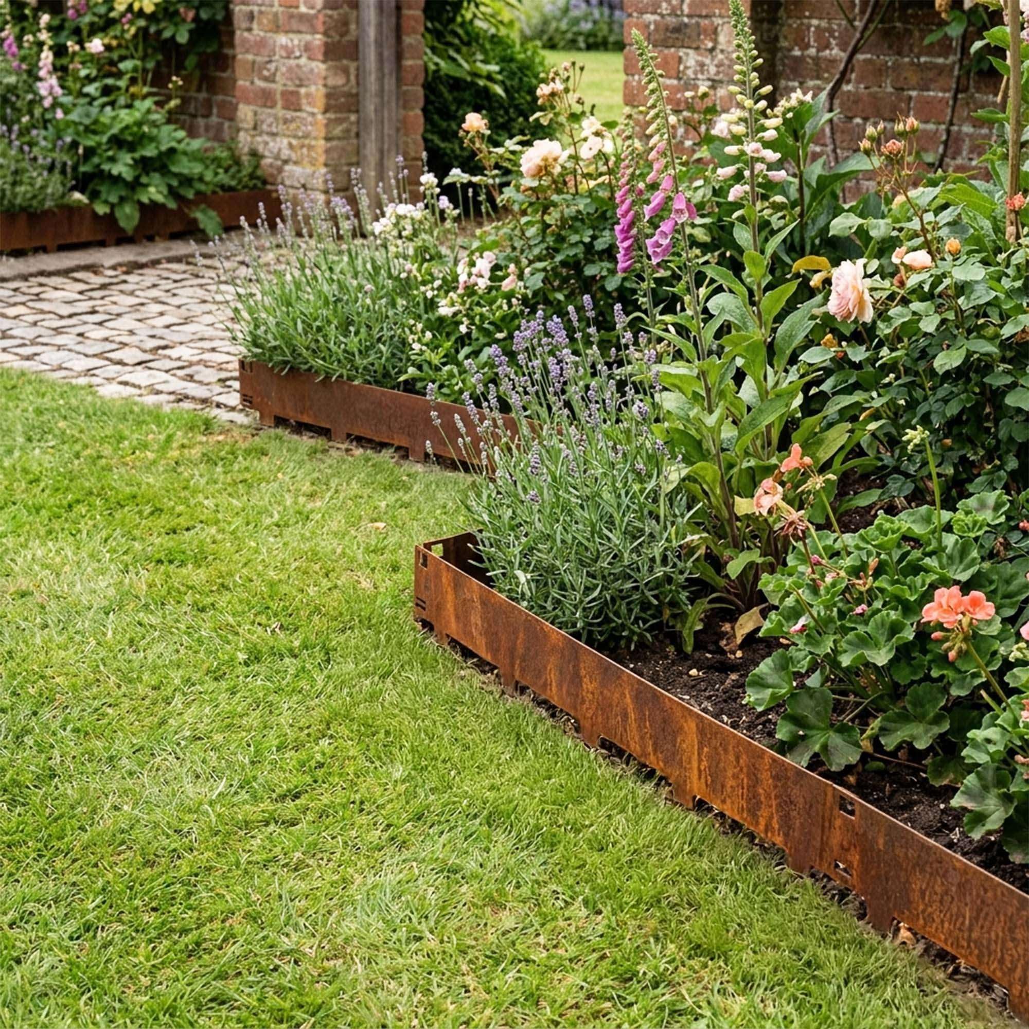 Nicoman 10M Corten Lawn Edging Border,Pre-Rusted Galvanised Steel Garden Border Edging, Easy to install Flexible Grass Landscaping Pathway Edge Strip (Corten, 200mm-10pc)
