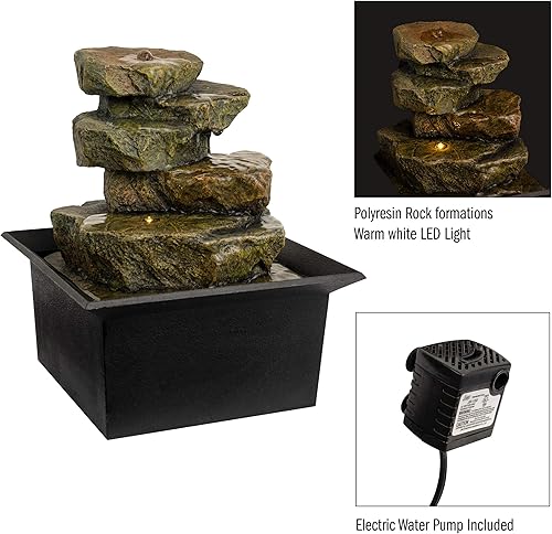 Miniatura 3 de Pure Garden Fuente de agua de mesa, cascada de formación de roca en cascada de 8 pulgadas con luz LED, bomba eléctrica y sonidos relajantes para
