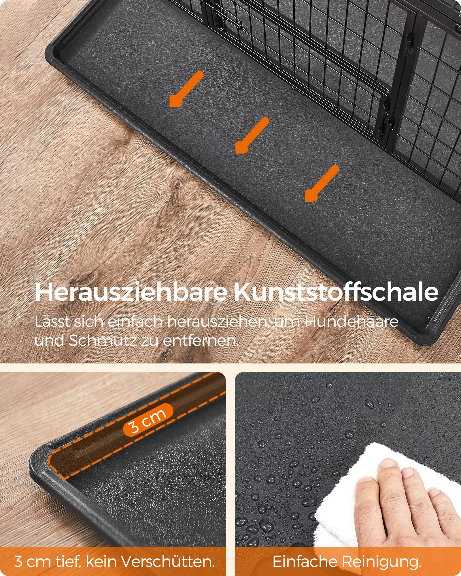 Feandrea Haustierkäfig hochbelastbar, Gitterbox, transportabel, 107 x 70 x 75 cm,für mittelgroße, große Tiere, sicher, 2 abnehmbare Türen, XL, tintenschwarz PPD001B01