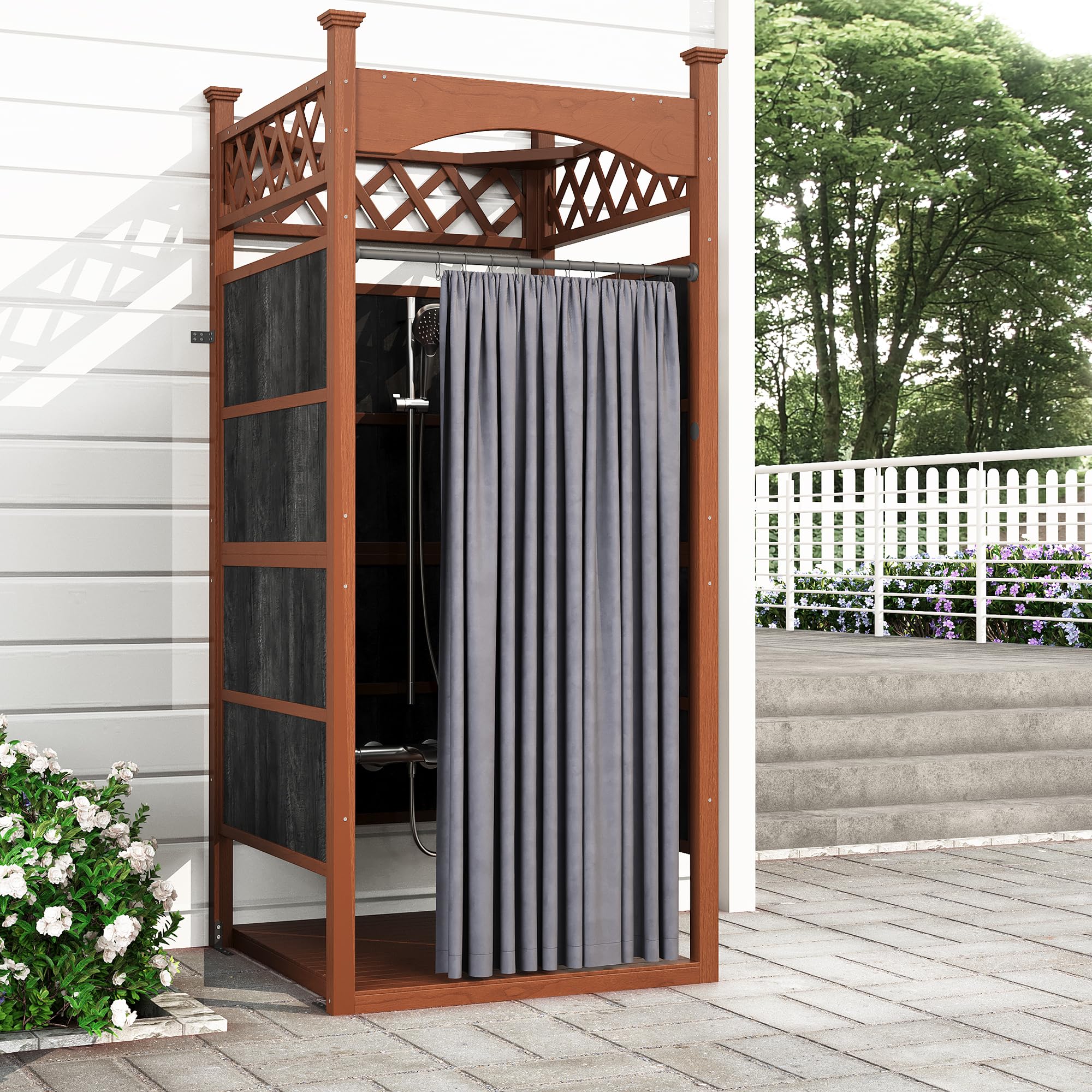 Gartendusche Outdoor Dusche aus Massivholz, Duschkabine & Umkleidekabine mit Duschvorhang & Bodenmatte, Sichtschutz für Pool & Garten, Wetterfeste Außendusche Holz