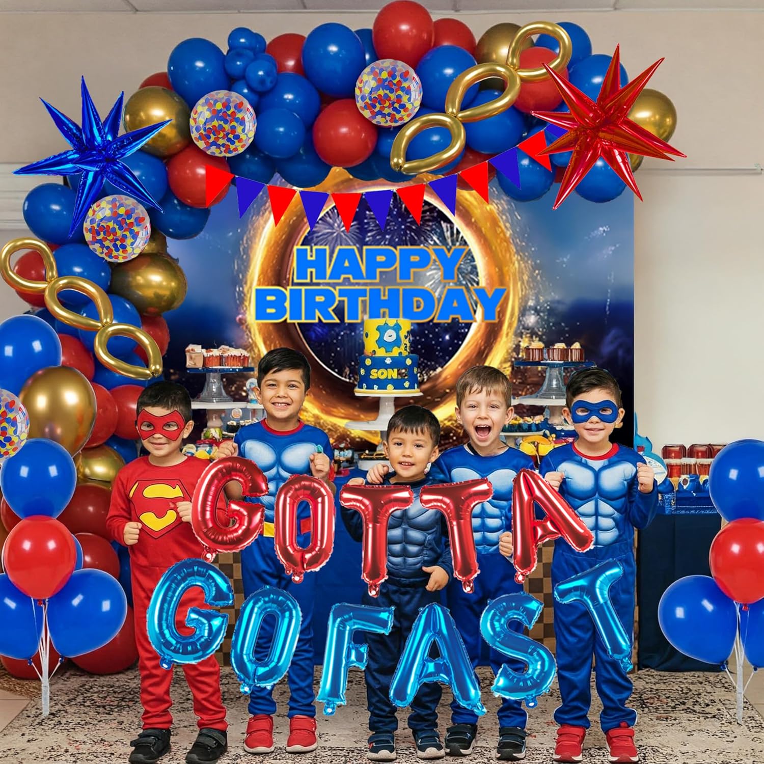 Red Blue Gold Hedgehog Birthday Party Decorations with Letter Lightning foil balloons Banner background backdrop for kid video game Cartoon Movies Super hero themed birthday gamer party decor