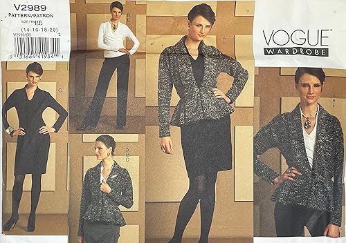Vogue V2989 - Chaqueta ajustada para señorita, parte superior, vestido, falda y pantalones, patrón de costura, talla EE (14-16-18-20)