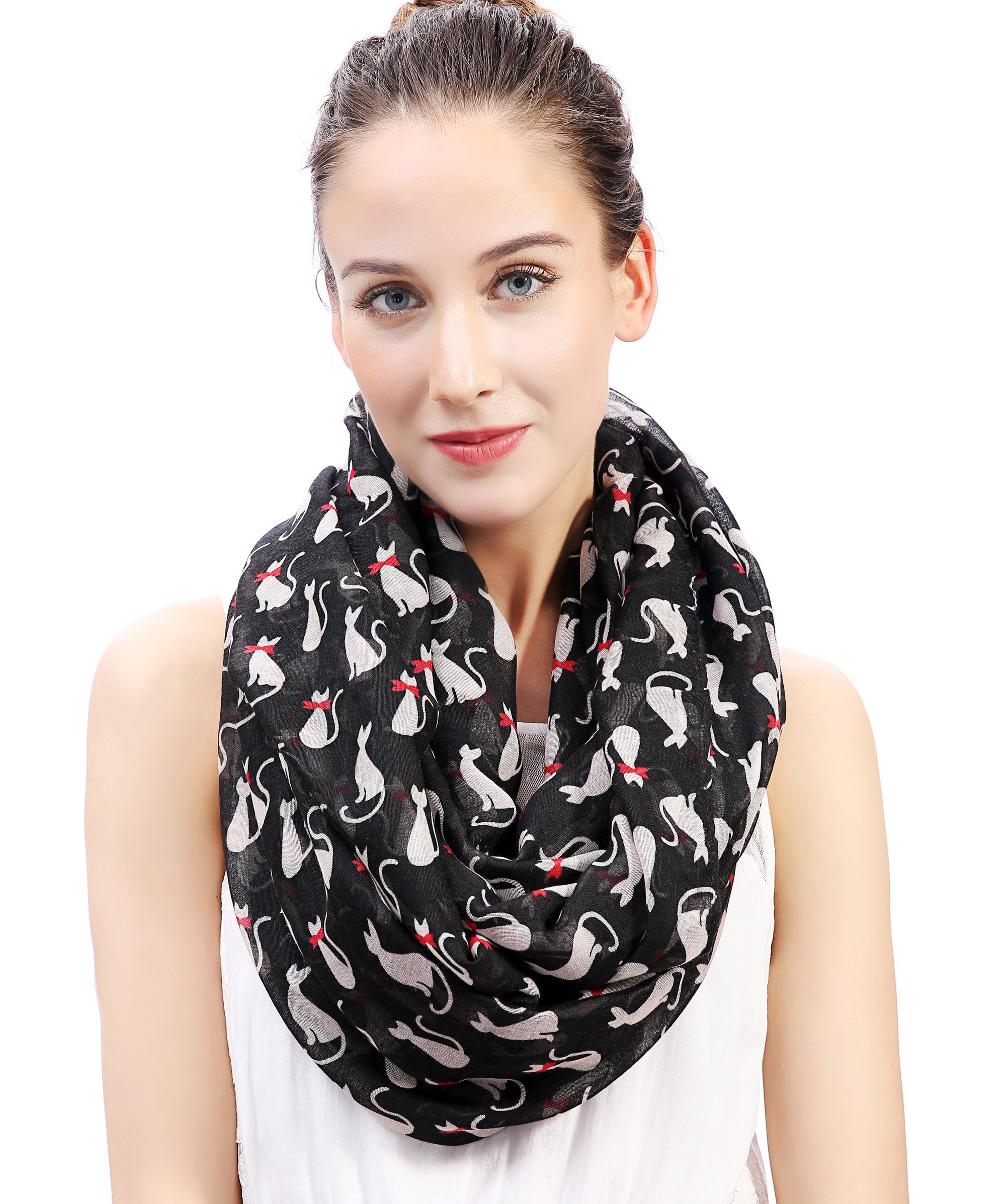 Lina & Lily Cat Print Women's Infinity Scarf Snood Lightweight (Black)