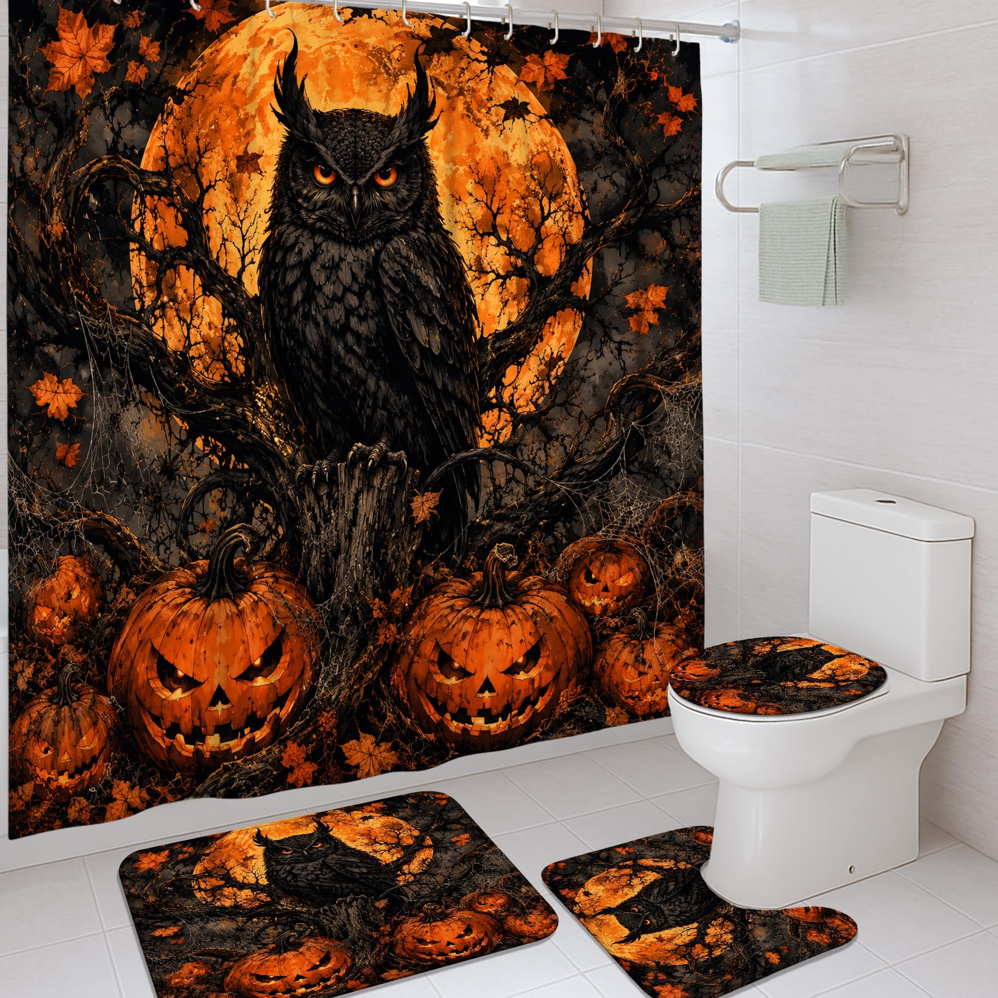 Rideau de douche et tapis Halloween en tissu imperméable orange motif hibou lune 183x183