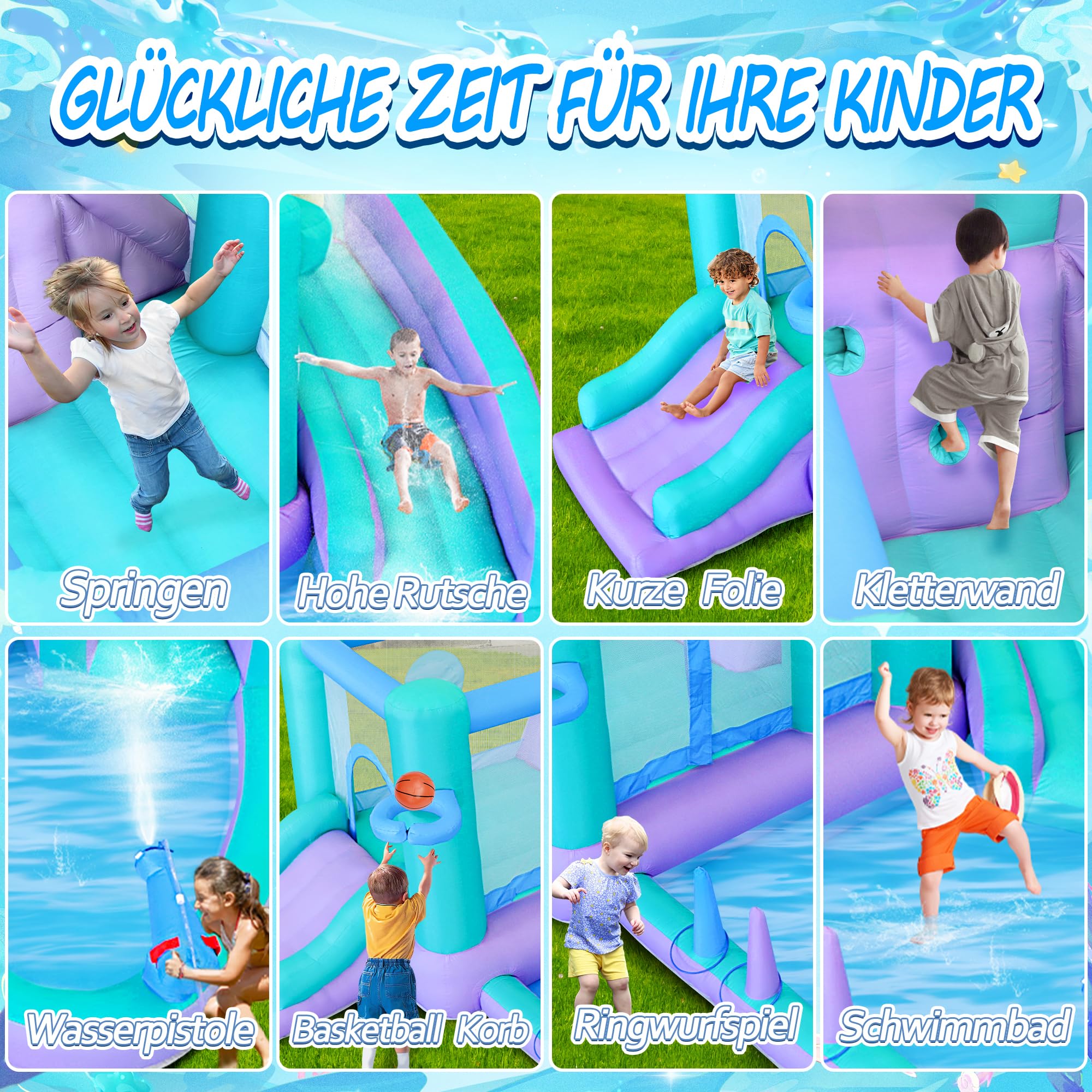 9-in-1 Hüpfburg mit Gebläse Aufblasbare Wasserrutsche mit Sprungburg Spritzbecken Kletterwand Basketballkorb Wasserpistolen Zielball und Ringwur Hüpfburg Kinder Hüpfburg Outdoor
