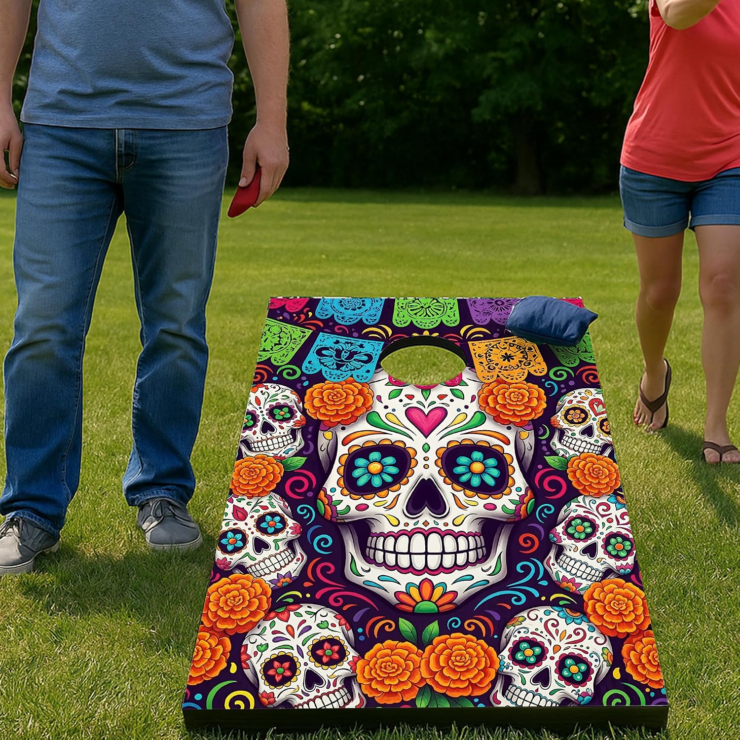 Day of The Dead Cornhole Game Set Día de Muertos Sugar Skull Design 2 Solid Wood Boards (36"x24") and 8 Bean Bags, Foldable Legs, Outdoor Yard Game