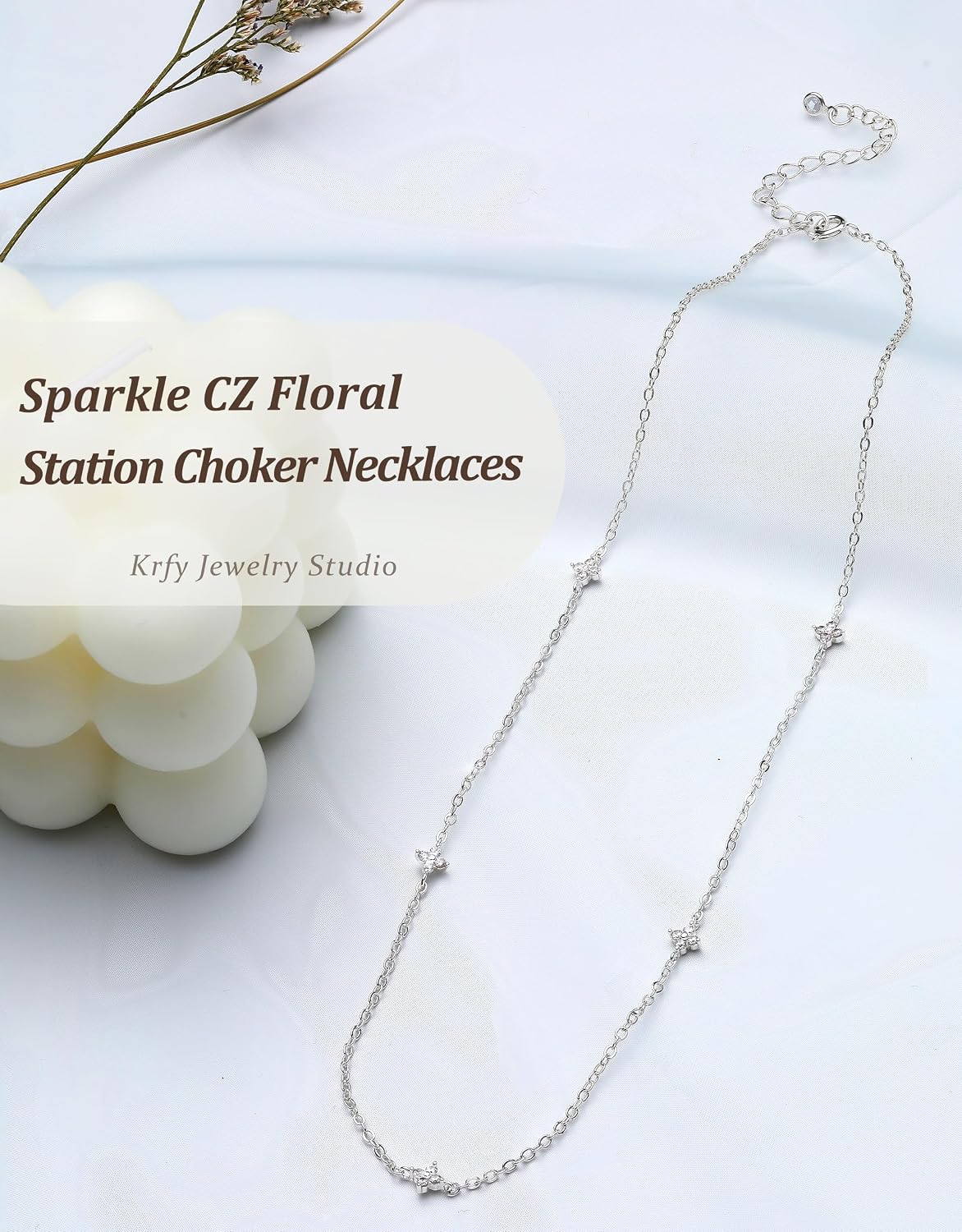 Krfy Station Choker Necklaces for Women, Dainty 16K Gold Plated Silver Clover Necklace, Trendy Sparkle Cute Opal Turquoise Clear CZ Flower Stack Necklace Chain Layered Jewelry Non Tarnish Gift for Her