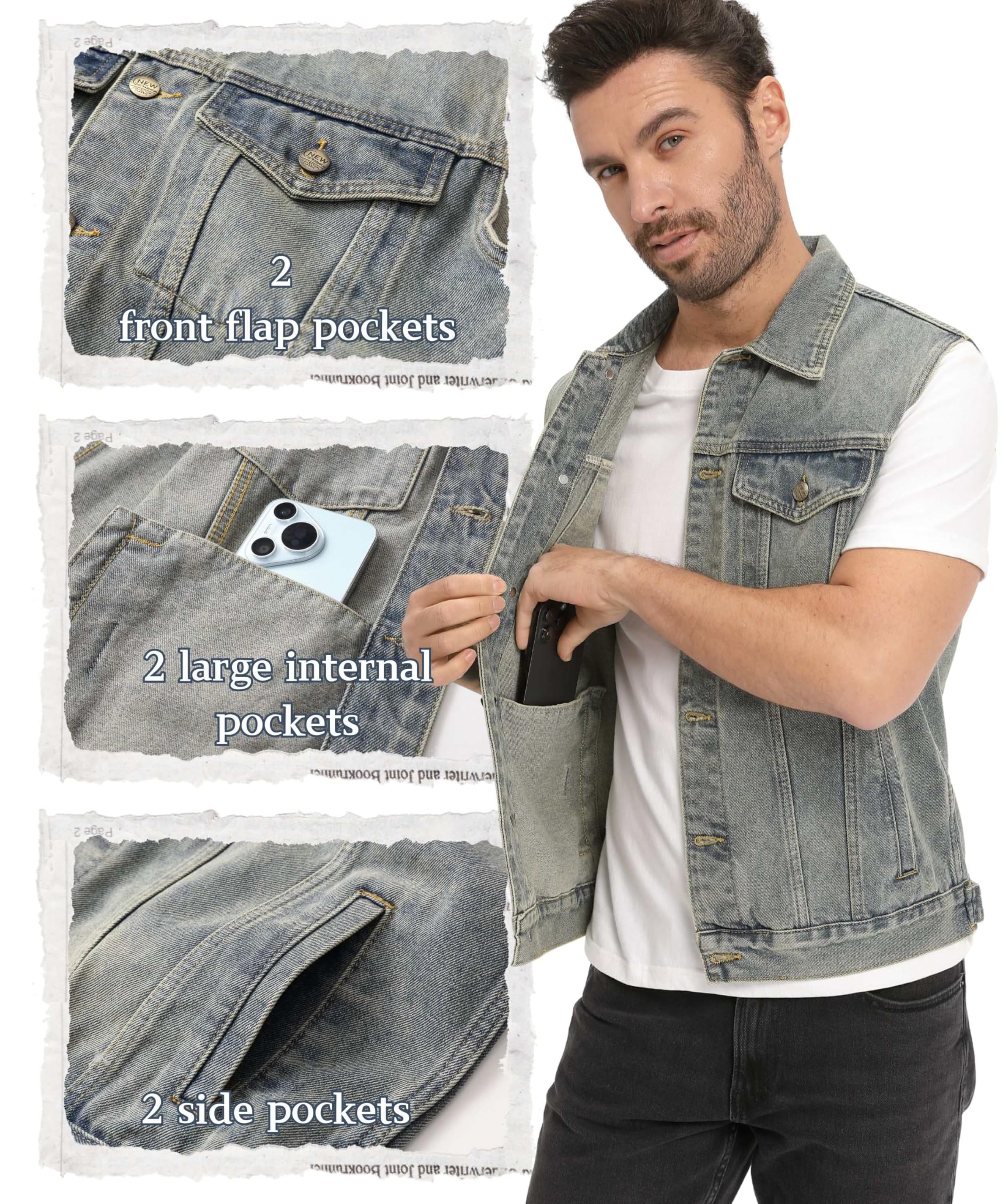 Homme Gilet en Denim Veste Décontractée Vintage Denim Gilets de Coton Revers Classique Rétro Jean Gilet Sans Manches Manteau de Moto