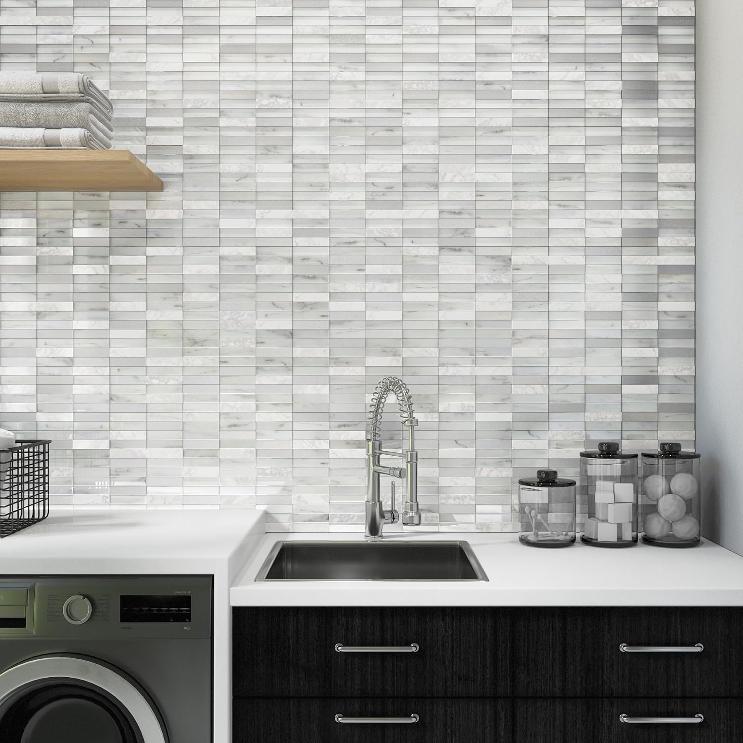 Daltile Perfit Mosaix 1" x 4" Natural Stone Straight Stack Mosaic in Polished White Carrara & Glass (7 PC per Carton) (10.57 SQFT per Carton)