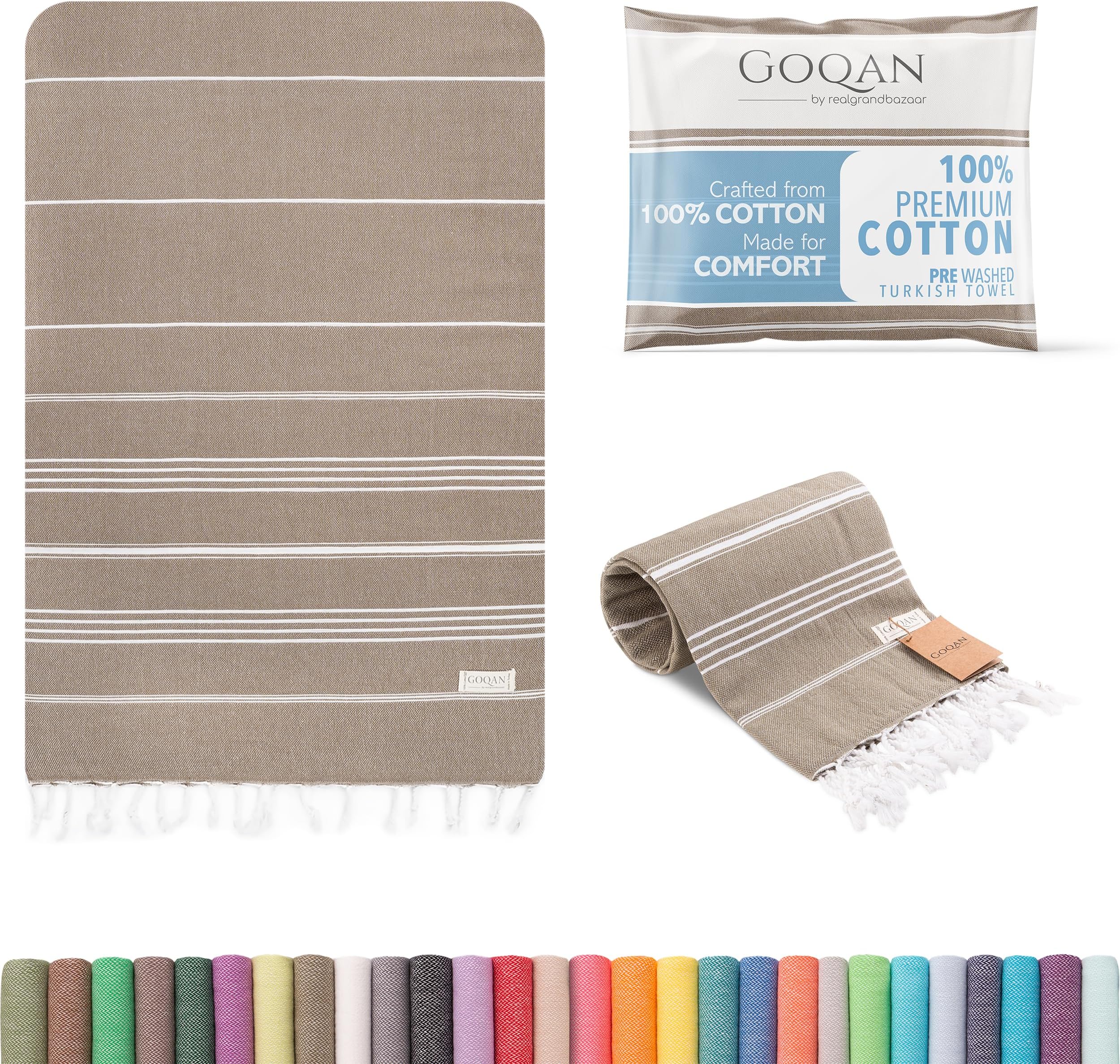 GOQAN Turkish Beach Towel 100% Cotton - Quick Dry Towels for Bath, Hostel Travel, Gym, Exercise, Swim, Shower & Gift - 39x71 Large - Rapid Dry for Workout Sports, Swimming, Camping - Brown