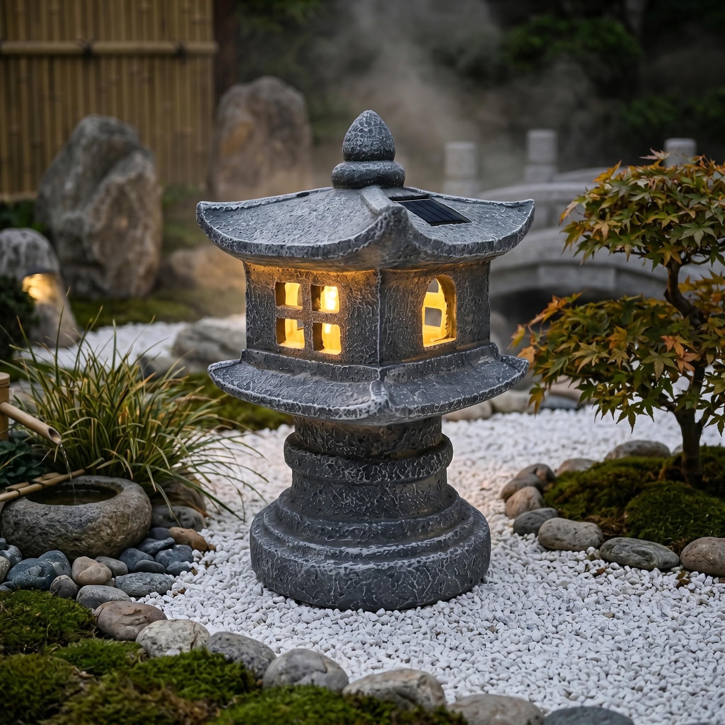 Faticenic Pagoda Garden Statue, Japanese Solar Lanterns, Solar-powered Pagoda Garden Statue, Resin Japanese Stone Lantern For Outdoor Lawn Patio Decor, Gray, Stone Lanterns