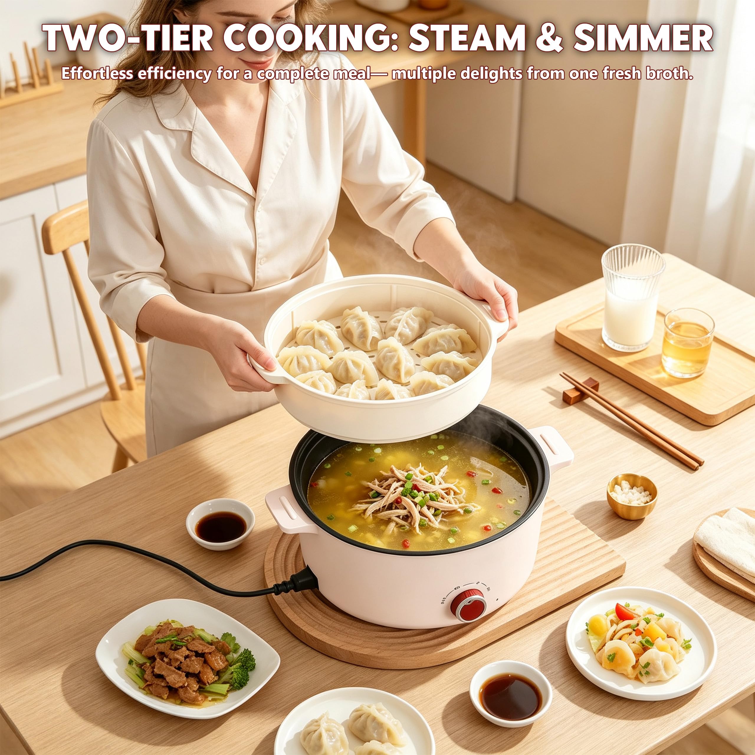Hot Pot Électrique Portable 4,6 L avec Cuiseur Vapeur 1350W