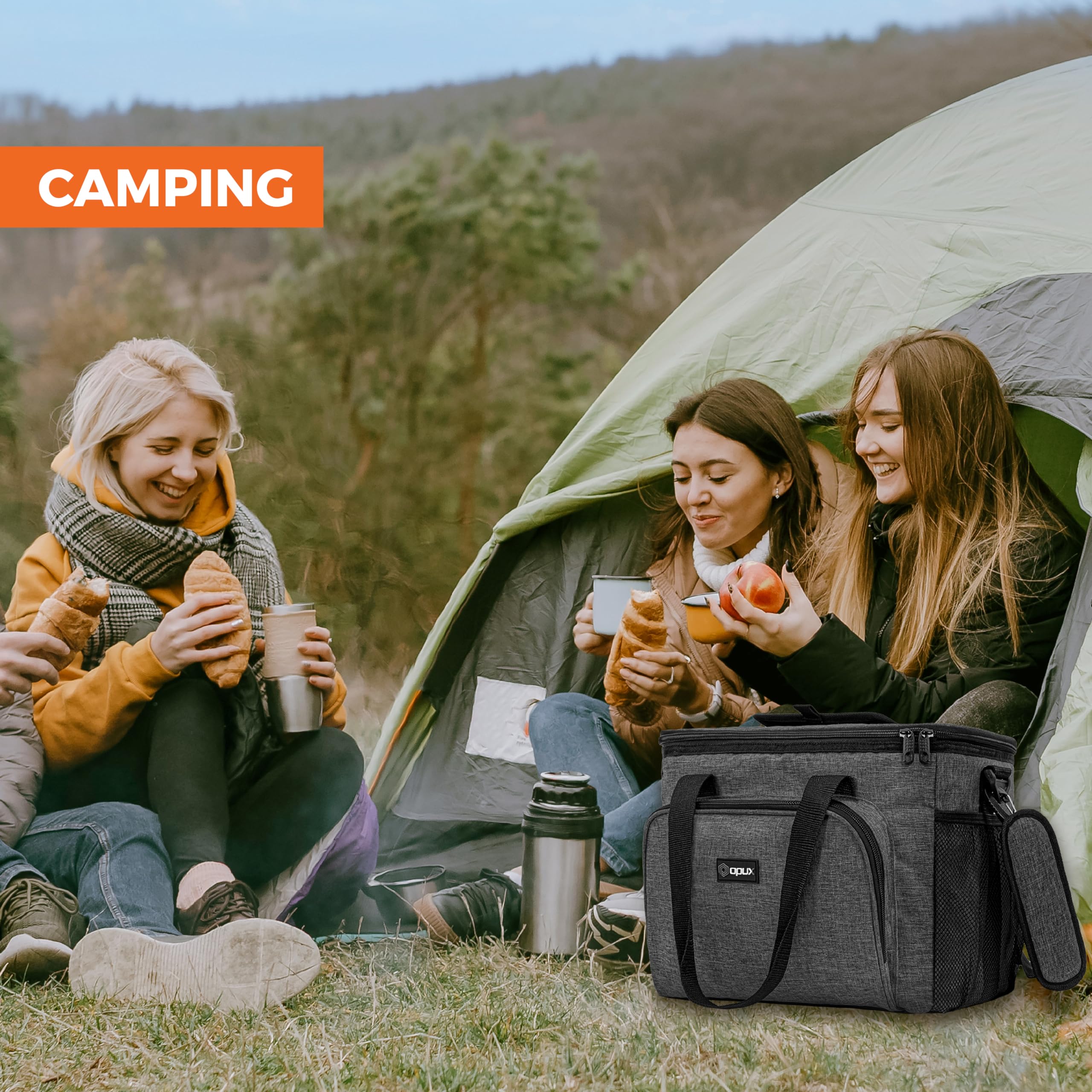 OPUX Bolsa térmica suave, bolsa de almuerzo plegable aislada para hombres, trabajo, camping, playa, viajes, portátil, suave, a prueba de fugas, impermeable, bolsa de almuerzo grande con correa para el