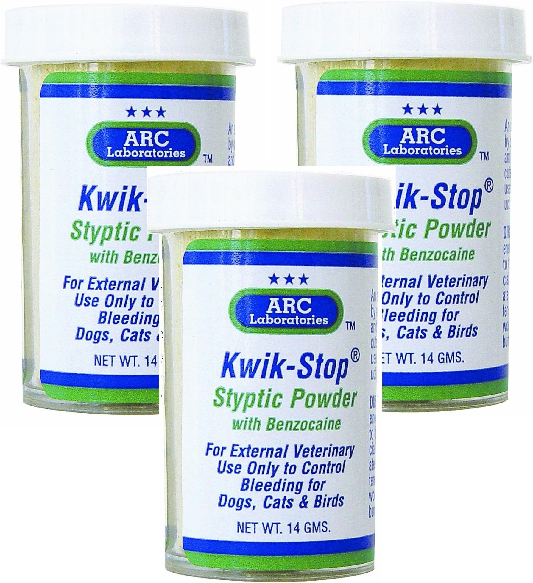 ARC Laboratories Kwik-Stop Styptic Powder for Dogs, Cats, and Birds, 3 Pack of 14g Bottles