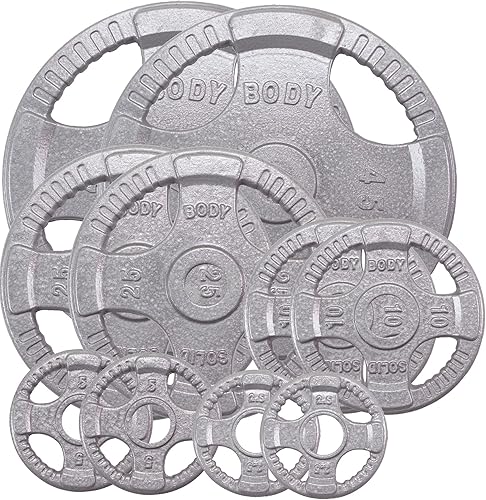 Miniatura 11 de Body-Solid Juego de discos olímpicos de hierro fundido con diseño de agarre cuádruple, pesas libres, placas de mancuernas, agujero estándar de 2
