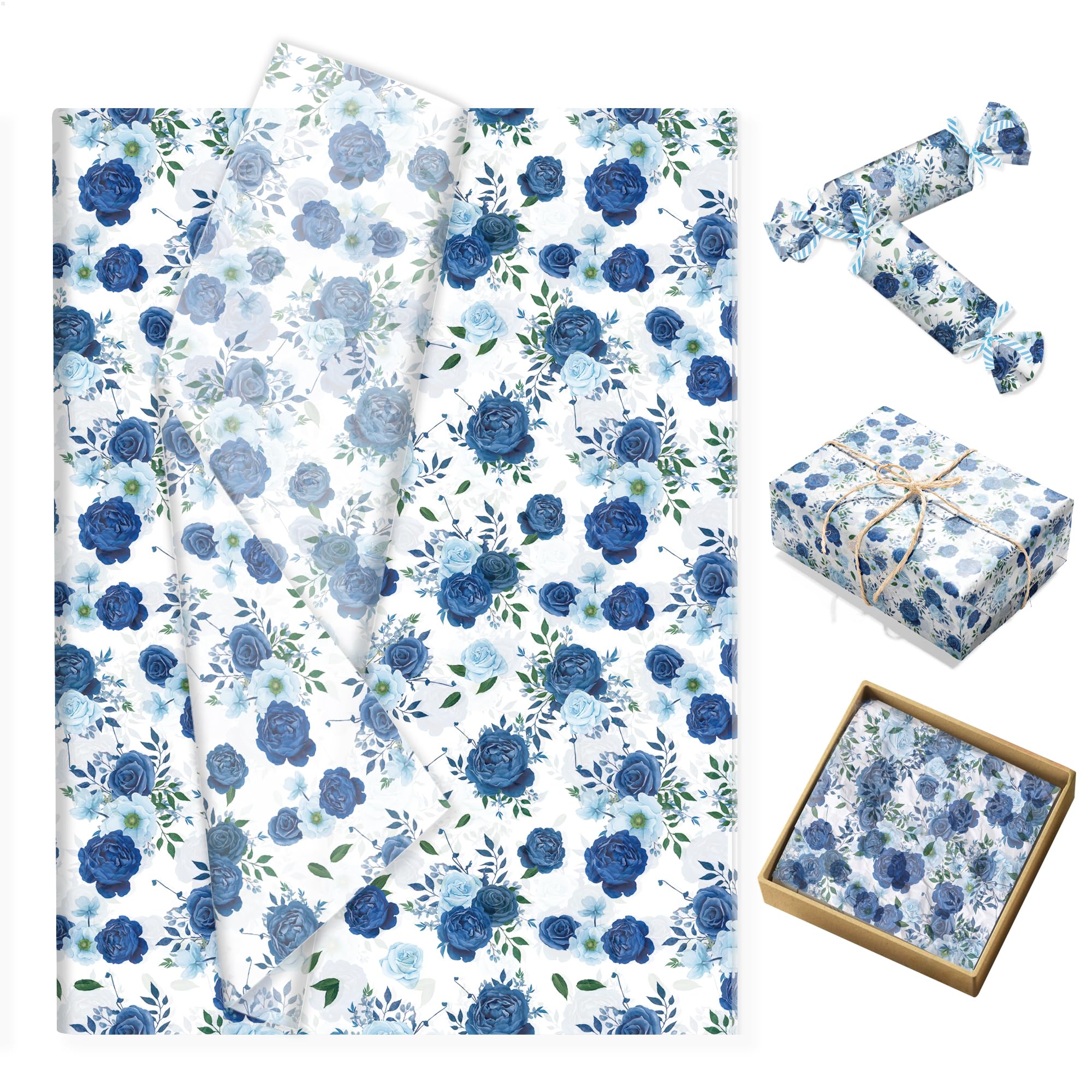 100 Sheets Blue Rose Wrapping Tissue Paper, Watercolor Floral Rose Gift Wrap Tissue, DIY Decorative Filler Paper for Birthday Wedding Baby Shower Spring Party Gifts Supplies