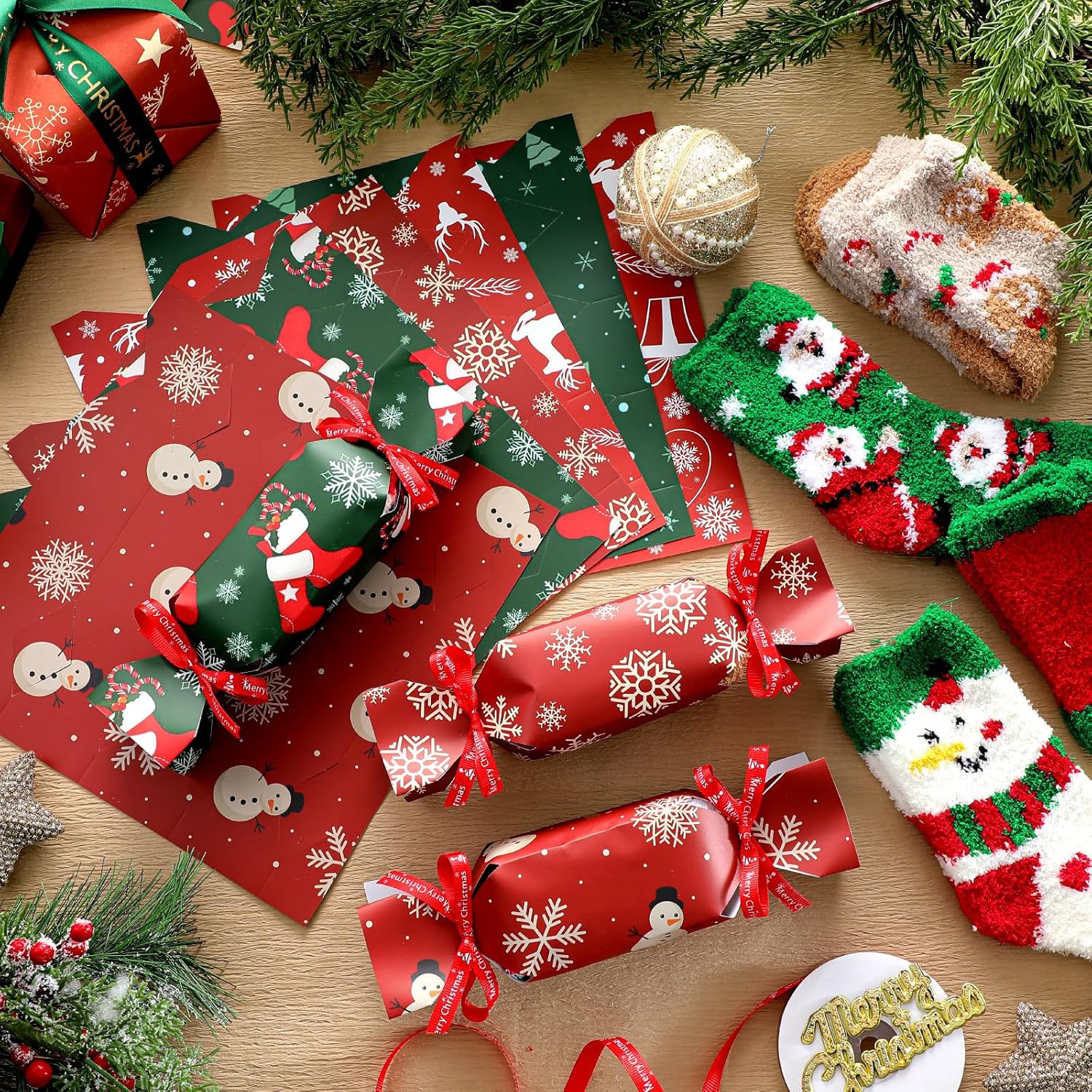 30 Pairs Fuzzy Christmas Socks with 30 Sheets Candy Wrappers and 1 Roll DIY Christmas Ribbon Xmas Gift Soft Candy Box Fluffy Cozy Novelty Holiday Socks for Women Men - Image 2