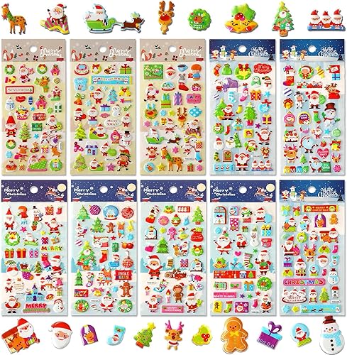 Calcomanías de Navidad para niños, UPINS 10 hojas de calcomanías navideñas 3D hinchadas lindas calcomanías de muñeco de nieve, renos, árbol de Papá