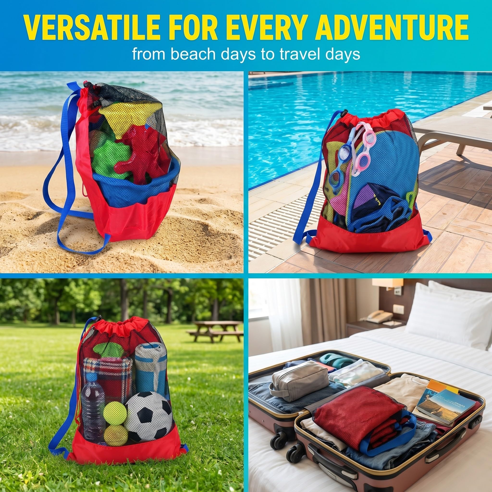 Bolsa de Almacenamiento Accesorios Playa, Mochila Malla para Juguetes de Arena, Accesorios de Playa & Baño, Rojo