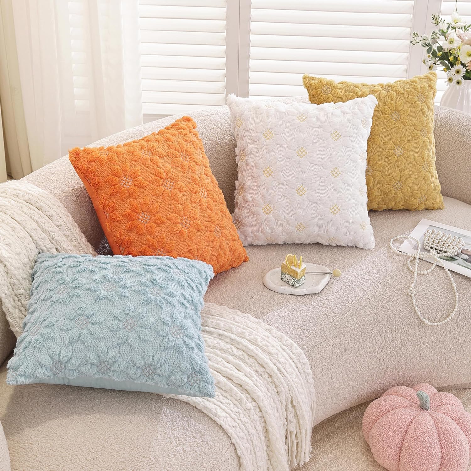 TAOSON White Sunflower Jacquard Faux Fur Throw Pillow Covers,18x18,Set of 2 image 5