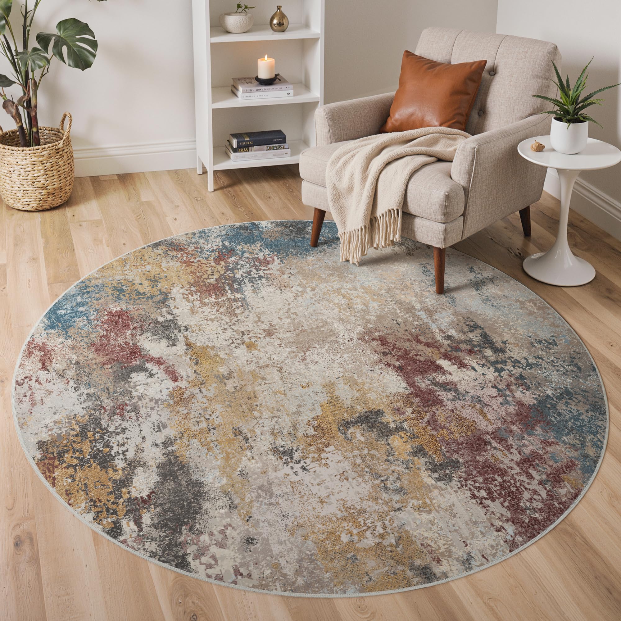 GENIMO Round Washable Rug 160cm – Soft Abstract Area Carpet with Non-Slip Backing, Machine Washable Floor Mat for Bedroom, Living Room & Nursery(Mixed Colors)