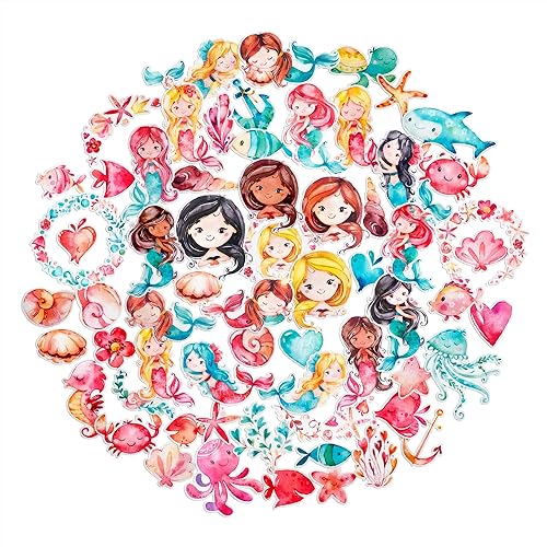 Navy Peony Calcomanías de sirena feliz y peces (60 piezas) | Calcomanías de animales marinos para recuerdos de fiesta y álbumes de recortes, lindas