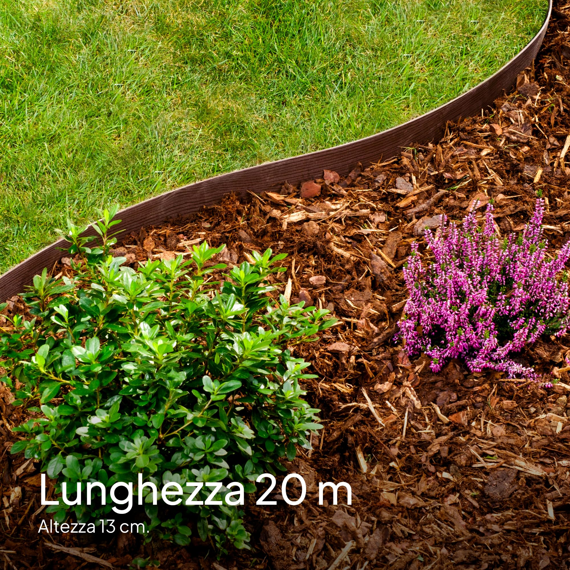 UNIGARDIA Bordura per Aiuola 20 m - Altezza 13 cm, Spessore 3 mm - Bordatura per Giardino in Plastica - Cordolo Flessibile per Aiuole - Uso Semplice, Marrone con Decori in Legno