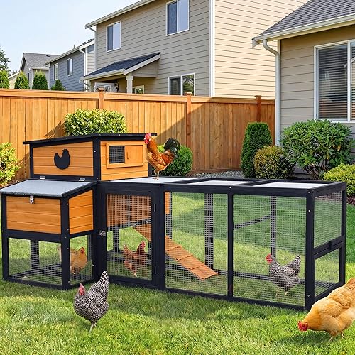83" Large Wooden Chicken Coop with Run, Outdoor Chicken House for 4-6 Chickens, Ventilation Window & Sliding Doors, Waterproof Felt Roof, Easy-Clean Full Rear Door, Predator-Proof Latches