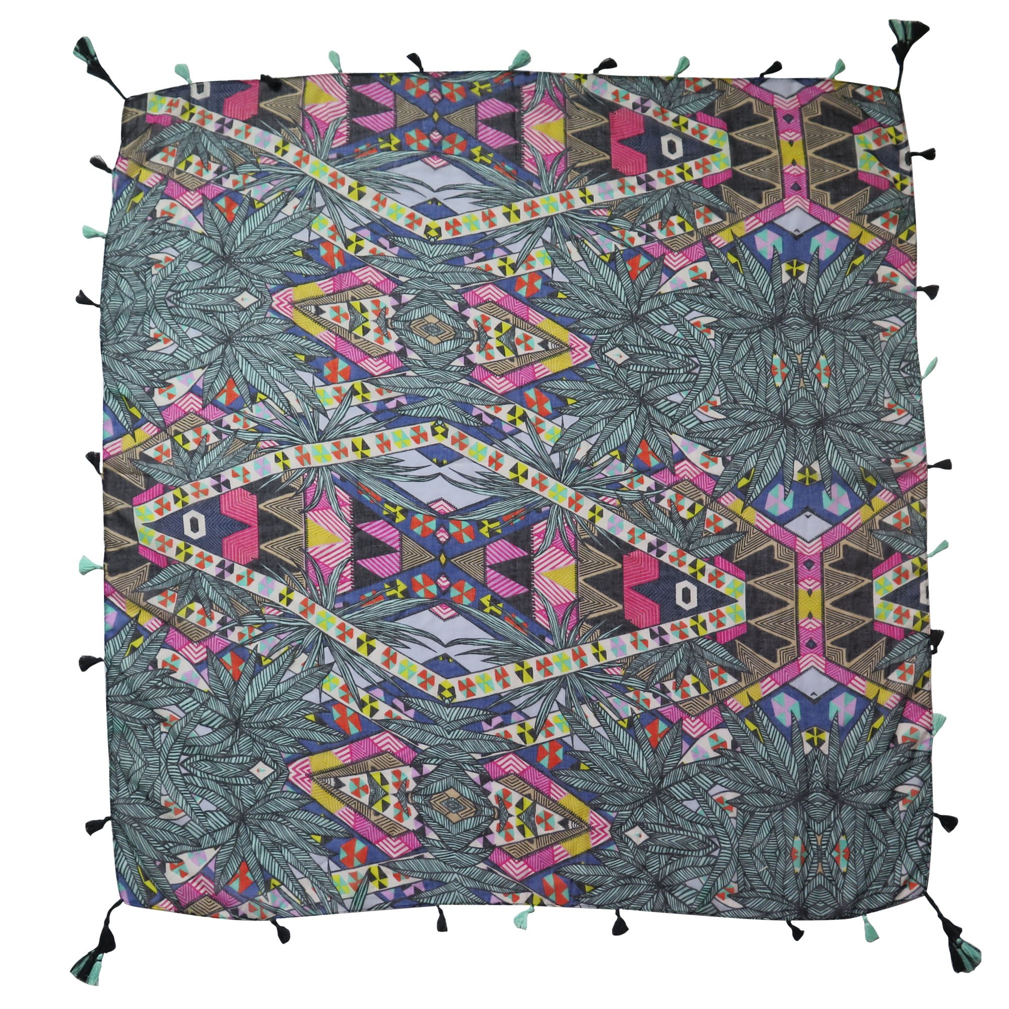Lina & Lily Multi-Patterns Flower Geometric Tribal Aztec Paisley Print Square Scarf Shawl with Tassels (Geometric A - grey)