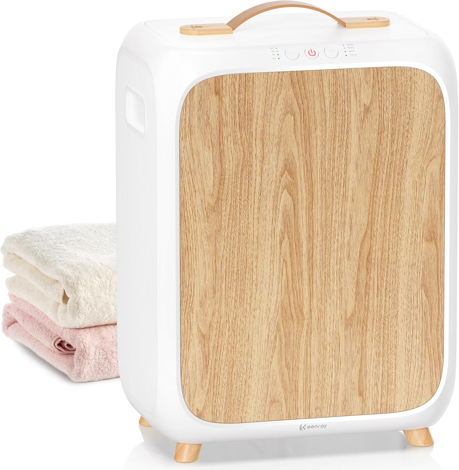 Keenray Towel Warmer Bucket, Luxury Rectangle Towel Warmer for Bathroom with Timer & Delay, Customized Fragrance, Child Lock, Fits 2 Large Towels, Blankets, Bathrobes, Ideal Gift for Him & Her White/Wood Color