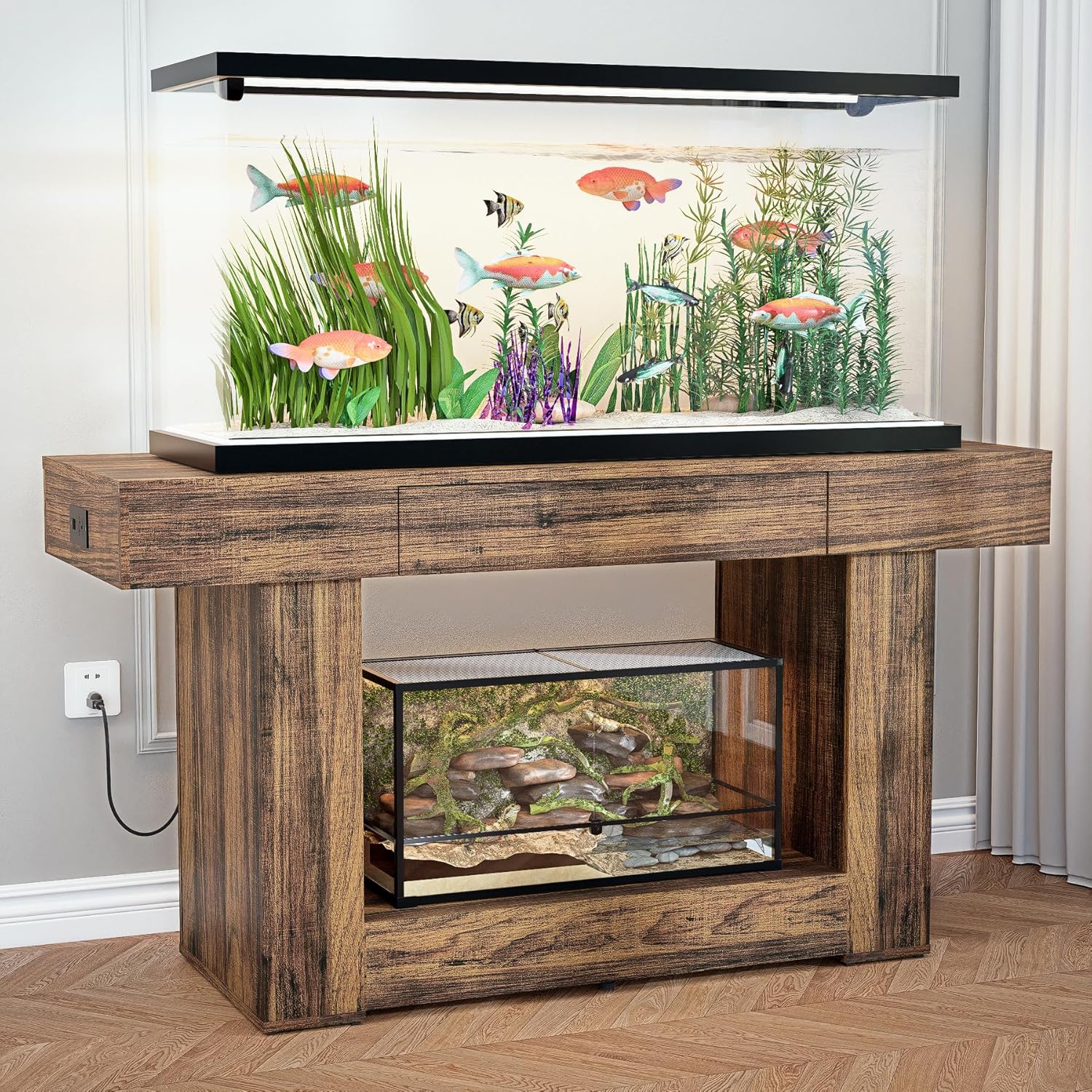 55–75/90 Gallon Aquarium Stand, 48 Inch Fish Tank Stand with Power Outlets & USB Ports, Heavy Duty Double Aquarium Stand for Turtle Reptile Terrarium, Farmhouse Tank Stand, Natural Wood