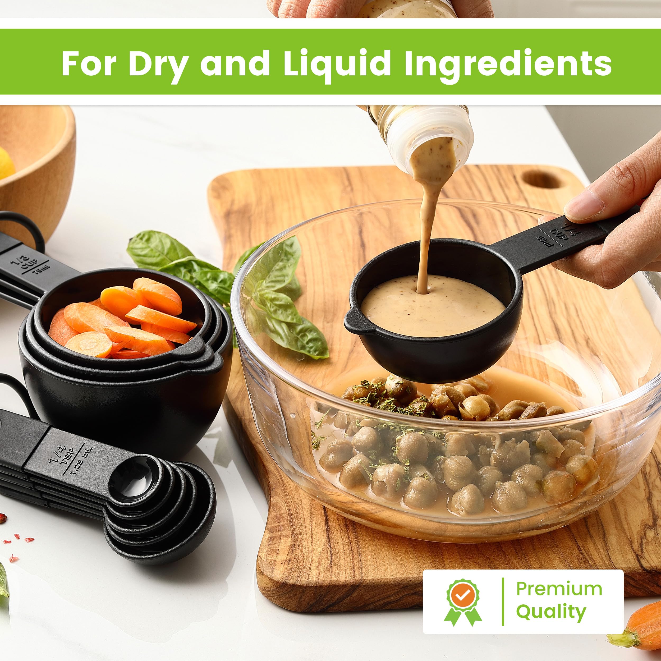 Juego de 9 tazas y cucharas medidoras magnéticas, herramienta de cocina anidable con marcas fáciles de leer para medir ingredientes secos o líquidos, sin BPA, color negro 7