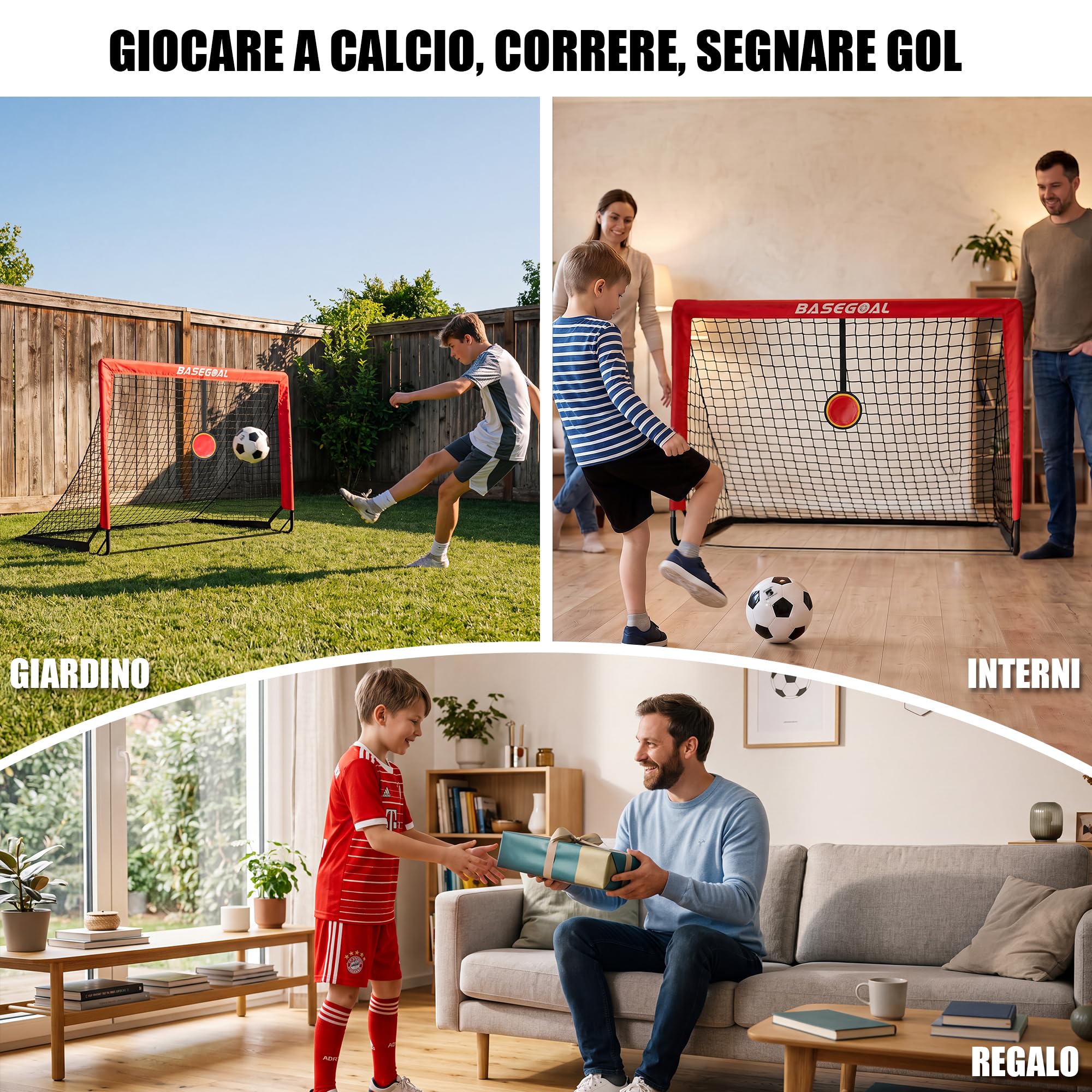 BaseGoal Set di 2 Porte da Calcio per Giardino 120x90cm con Calcio n. 5 | Porta da Calcio Adolescenti con Aste In Fibra di Vetro, Reti di Alta Qualità, Bersaglio, Coni da Calcio e Cono a Forma di U