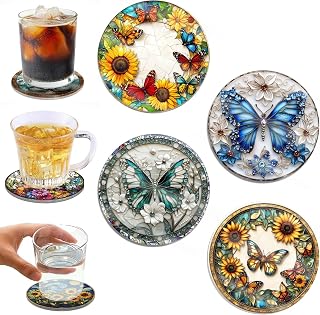 4 Pcs Round Stained Glass Style Acrylic Coasters Set, Butterfly with Colorful Design, Non-Slip Waterproof for Home Kitchen Party Dining Room Everyday Table Decoration Gift A13