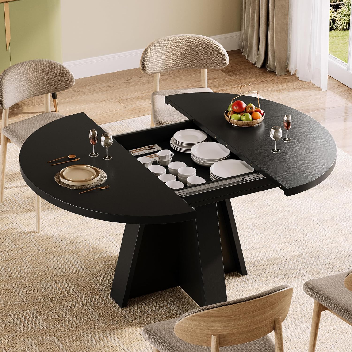 iPormis 43.3in-59in Extendable Round Dining Table for 4-6, Modern Wooden Kitchen Table for Dining Room, Adjustable Size Oval Circle Dinner Tables Furniture for Kitchen Living Room, Black