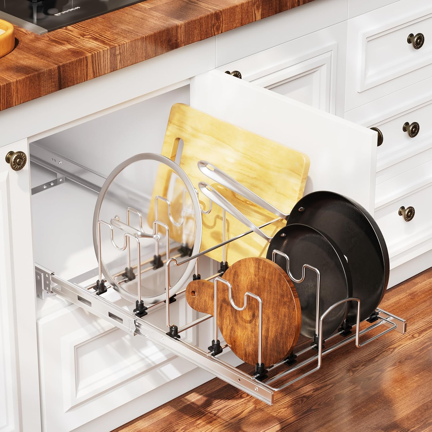Pull Out Pots and Pans Organizer Under Cabinet, Sliding Adjustable Pot Rack with 9 Adjustable Dividers, Chrome-Plated Pot and Pan Holder Rack, Full-Extension Rail for Kitchen Organization 12" W*22" D - Image 7