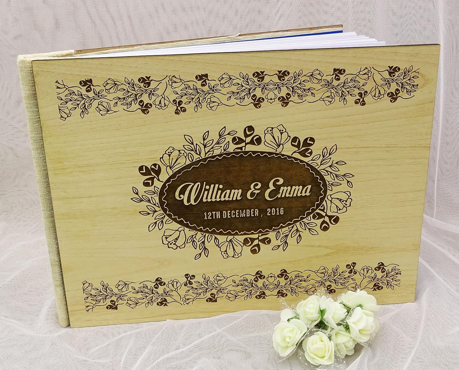 Wood Wooden Floral Engraved Bride & Groom Advice Book Personalized Rustic Wedding Guest Book - 50 Pages