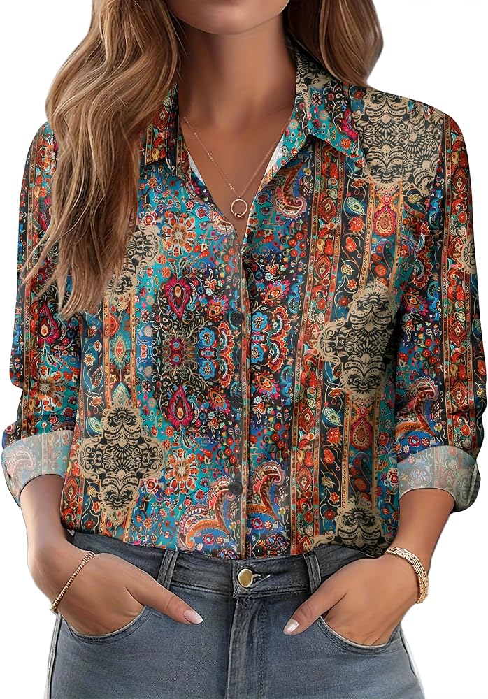 Zeagoo Camisas con botones para mujer Blusa de manga larga estampada elegante | Traje informal de negocios, blusa clásica con cuello de pico, moda de primavera y otoño, ropa de trabajo para oficina, camisas con botones estampados lisos
