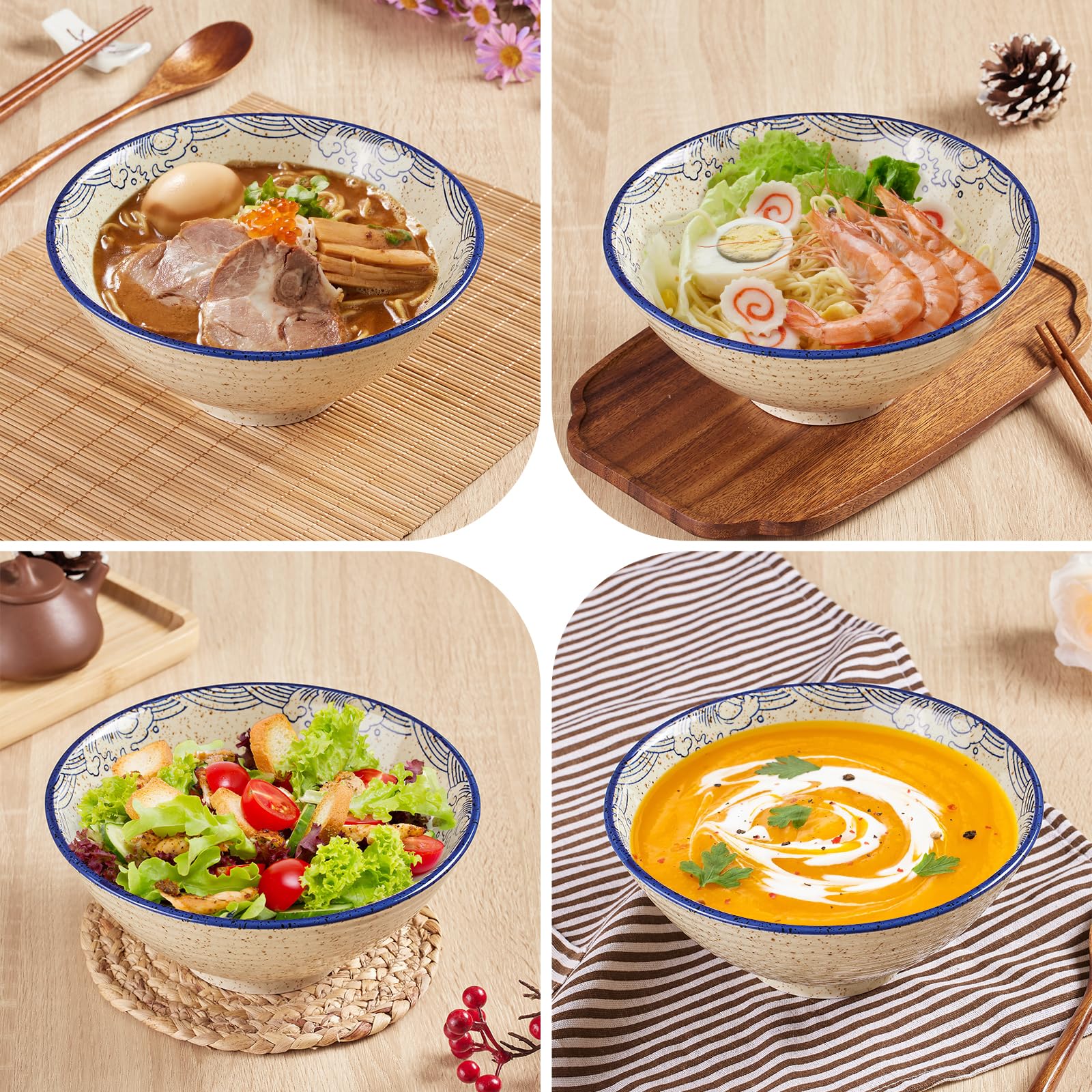 2 cuencos de cerámica para ramen de 40 onzas, cuenco grande de sopa de fideos japoneses de 8 pulgadas, palillos y cucharas a juego, adecuados para Pho, fideos asiáticos Udon (juego de 2