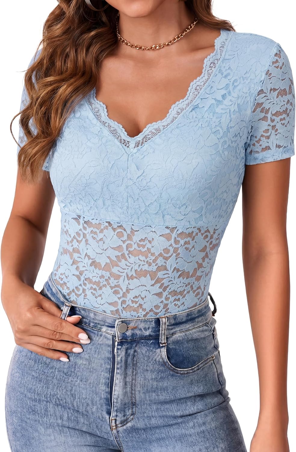 Rooscier Women's Floral Lace Sheer V Neck Short Sleeve Sexy Going Out Bodysuits Top Leotard