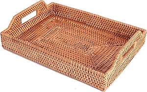 Hand-Woven Rectangular Rattan Tray with Handles for Breakfast, Drinks, Snacks for Coffee Table or Ottoman. Wicker Rattan Ottoman Tray / Trays for Coffee Table (14.5x10.5x2in) by Mindful Interiors.