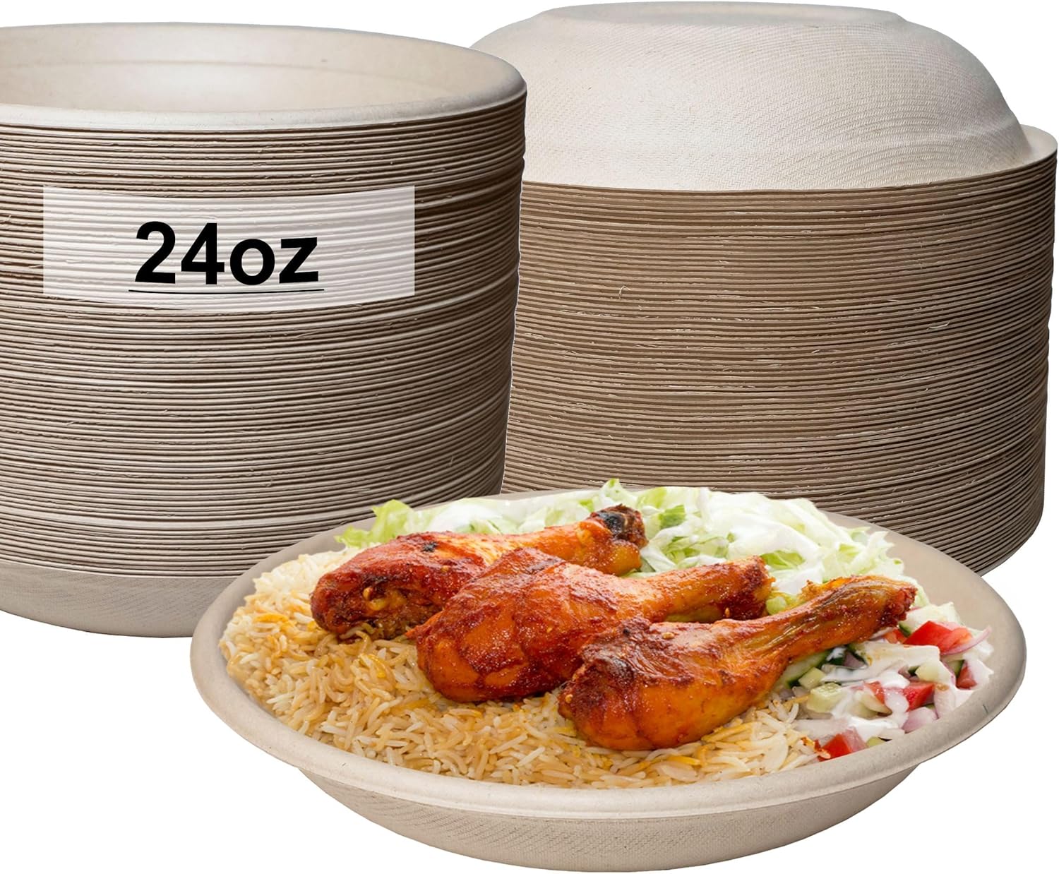 EcoQuality 100 Count 24oz Round Disposable Bowls Natural Sugarcane Bagasse Bamboo Fibers Sturdy Compostable Eco Friendly Environmental Paper Plastic Bowl Alternative Tree Free