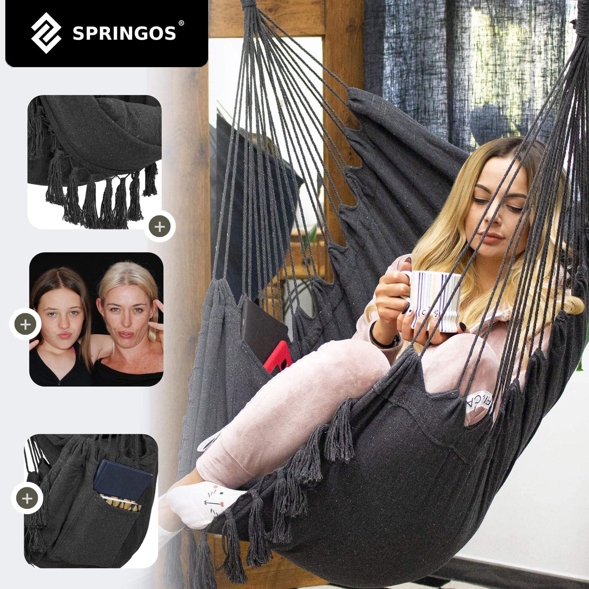 Springos® Fauteuil Suspendu Brésilien avec Coussins, Charge Max 150 kg, Fauteuil balançoire Boho en Coton/Polyester avec Cadre en Bois, Gris foncé, Poche latérale, Parfait pour Jardin