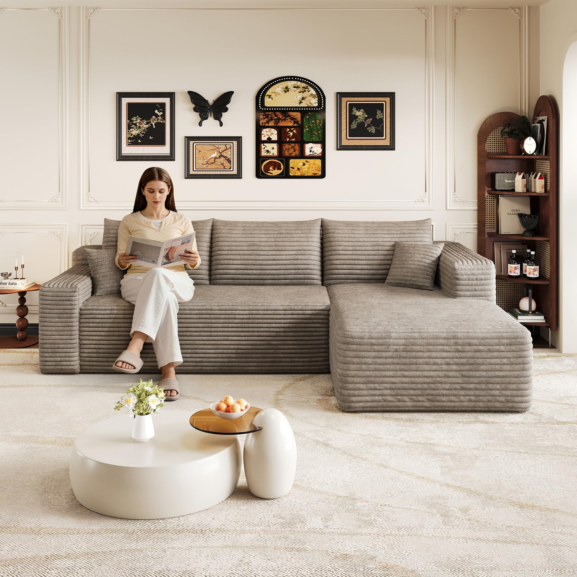 241 cm sofá convertible, sofá esquinero, sofá modular, asiento profundo, sofá de 3 plazas con meridiana, sofá comprimido en forma de L, color marrón claro