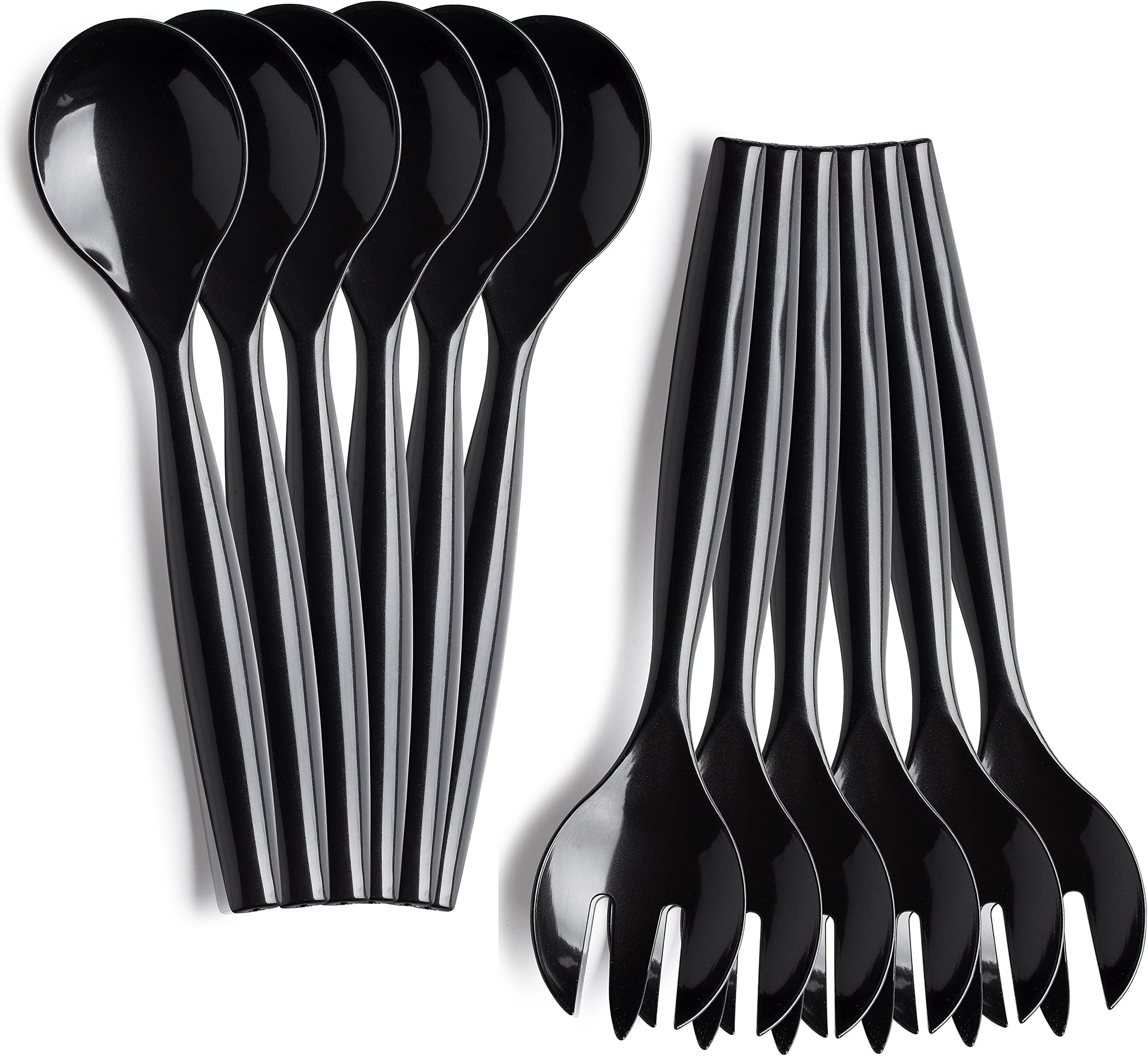 Set of 12 - Heavy Duty Disposable Plastic Serving Utensils, Six 10” Spoons and Six 10" Forks, Black