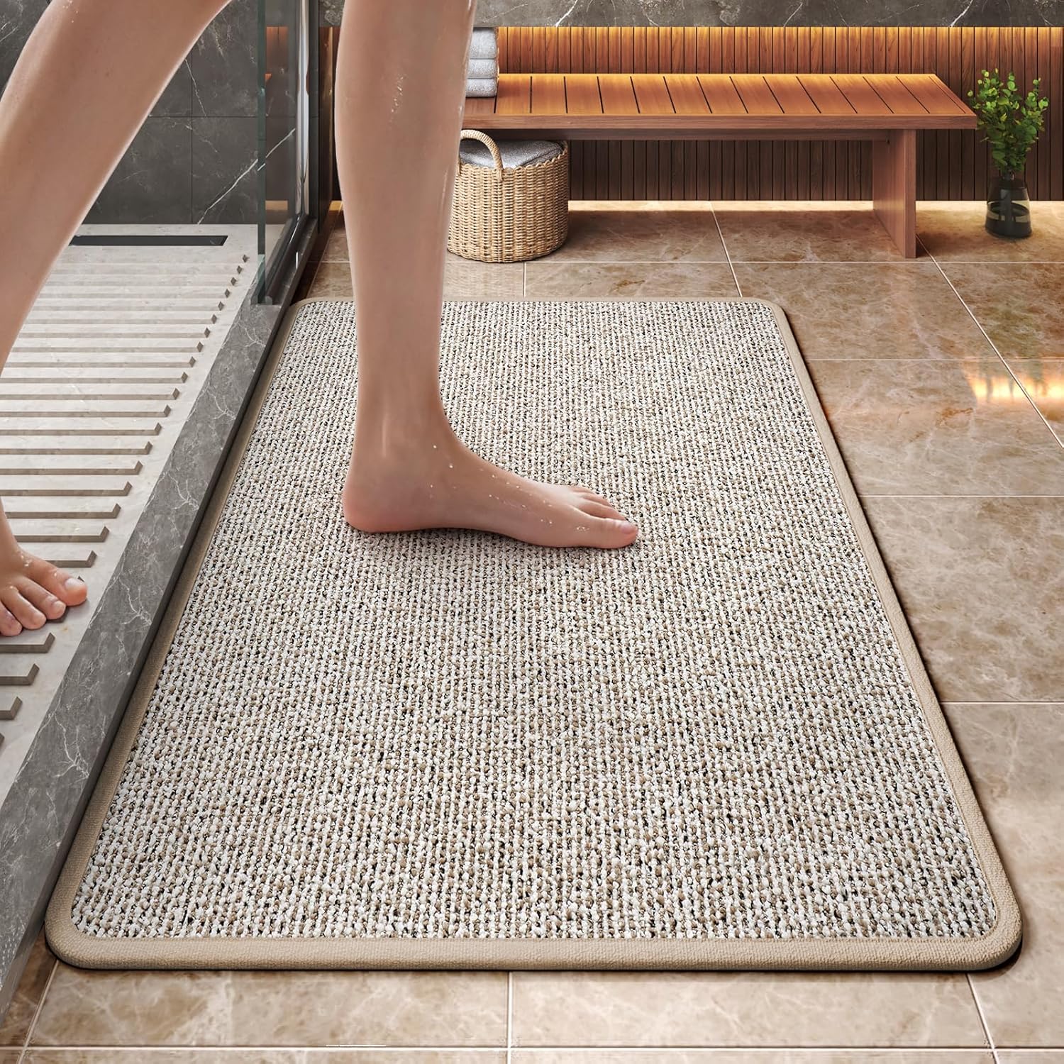Non Slip Bathroom Rugs Washable, Rubber Backing Bath Mat, Absorbent Quick Dry Floor Mats for Bathroom, Outside Shower and Sink, Thin Bath Rugs Fits Under Door, 20”x31”, Brown